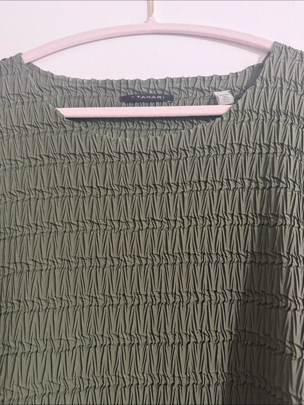 Tahari Olive Green Textured Smocked Blouse - Picture 3 of 5